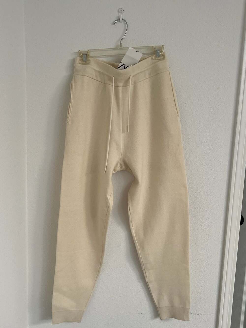 ZARA Knit Joggers with Drawstring Waist in Cream
